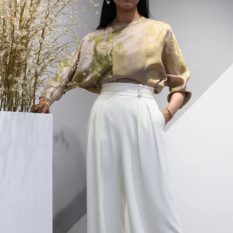 百分百桑蚕丝新中式夏季成山国风新款短袖斜黑色裤子夏季薄款女