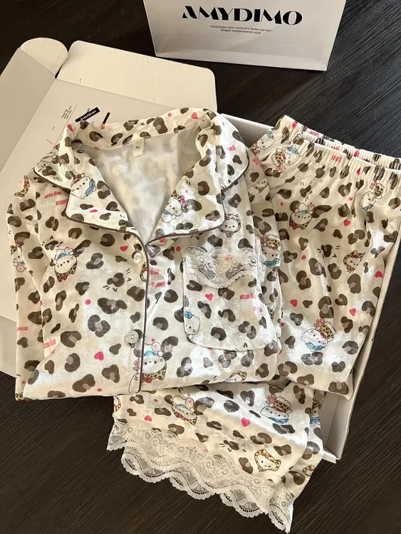 甜美蕾丝豹纹金丝绒睡衣女秋冬季新款外穿家居服大码长袖长裤套装