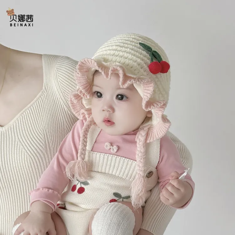 Beinaqian/贝娜茜婴儿帽子秋冬宝宝女洋气针织帽婴幼儿冬季护耳帽