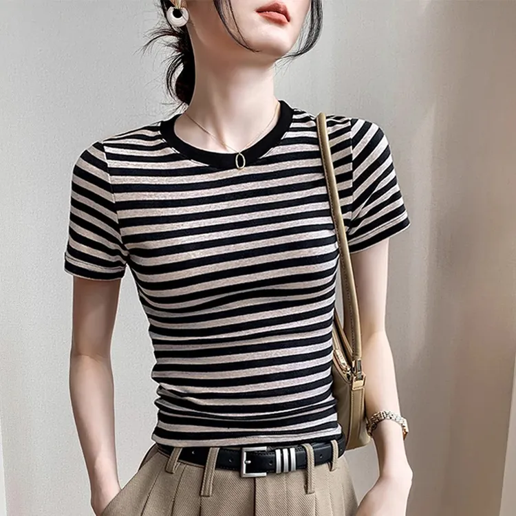 美式条纹小个子短款正肩短袖t恤2025夏精疏棉气质修身显瘦女上衣