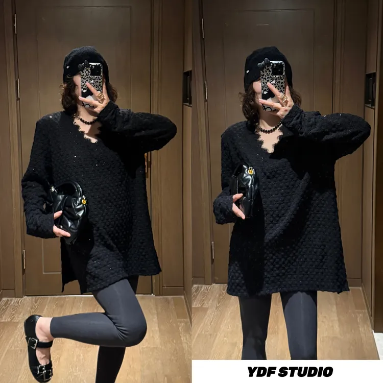 YDFSTUDIO小众【V领星辰】欧货重工高品亮片蕾丝拼接设计百搭上衣