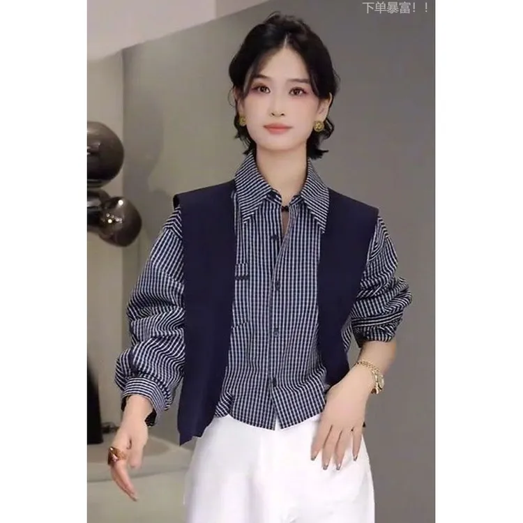 配披肩撞色格子衬衫女洋气2025早秋新款欧货女装短款欧洲站上衣潮