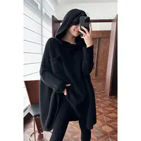 HERLAND她地【贝拉】加厚宽松型百搭女长袖中长款高领毛衣连帽斗篷