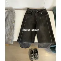 REKAYYAT”小樽“冬日时尚百搭小众设计波浪纹绣线植绒直筒牛仔裤