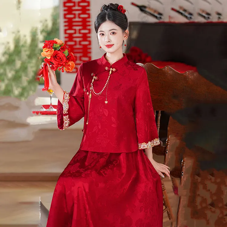 新中式喜庆复古唐装改良旗袍上衣红色订婚服敬酒服中国风两件套女