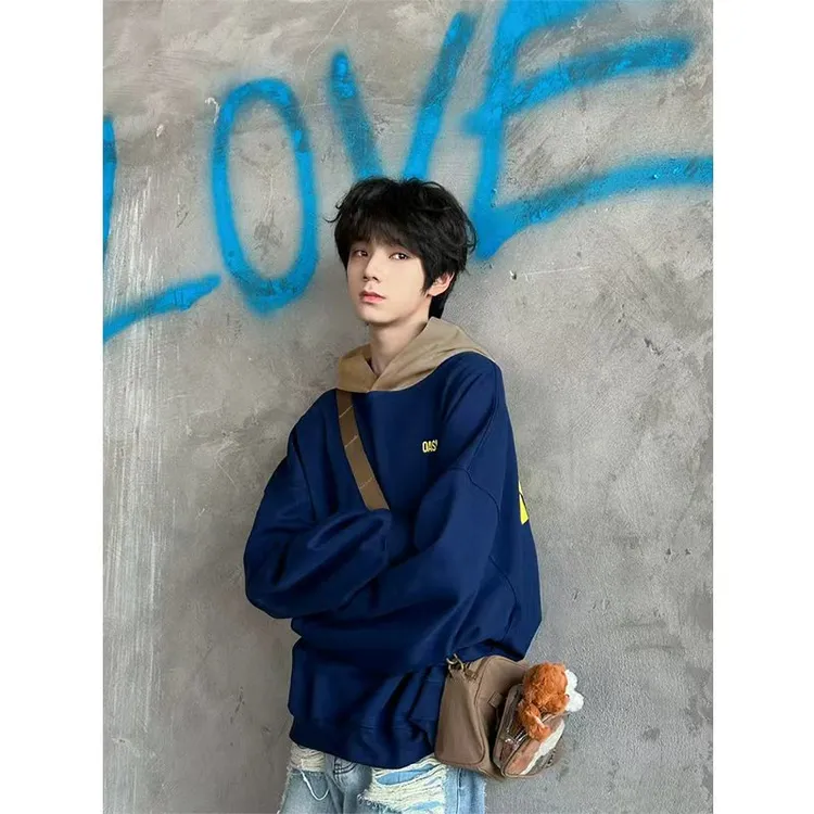 王橹杰同款cleanfit美式撞色卫衣男秋冬重磅硬挺boxy连帽外套上衣