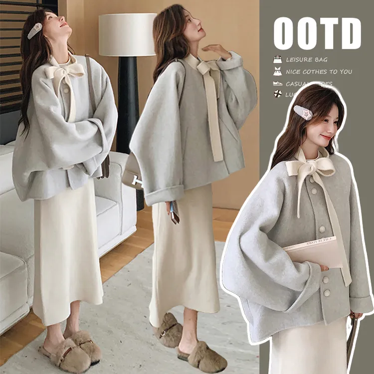 时髦孕妇装新款秋冬装孕妇装蝴蝶结毛呢上衣外套 +毛呢半身裙套装
