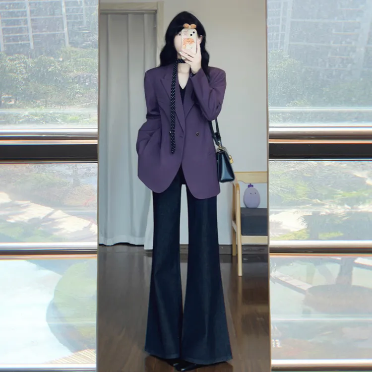 韩系高级设计感紫色西装外套女秋冬2025新款宽松休闲职业西服上衣