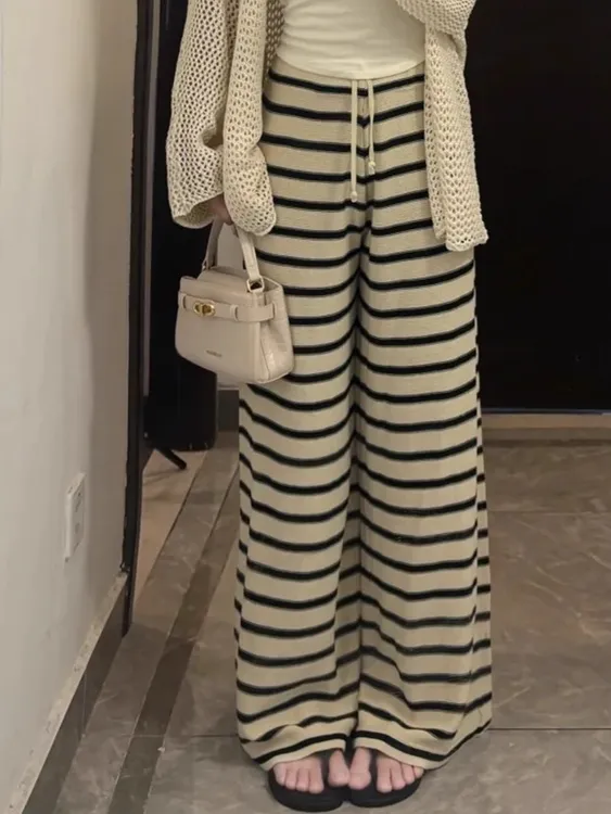 秋冬慵懒感条纹针织拖地裤百搭休闲ins显瘦显高内绳设计阔腿裤150
