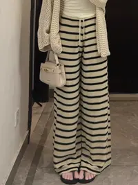 秋冬慵懒感条纹针织拖地裤百搭休闲ins显瘦显高内绳设计阔腿裤150