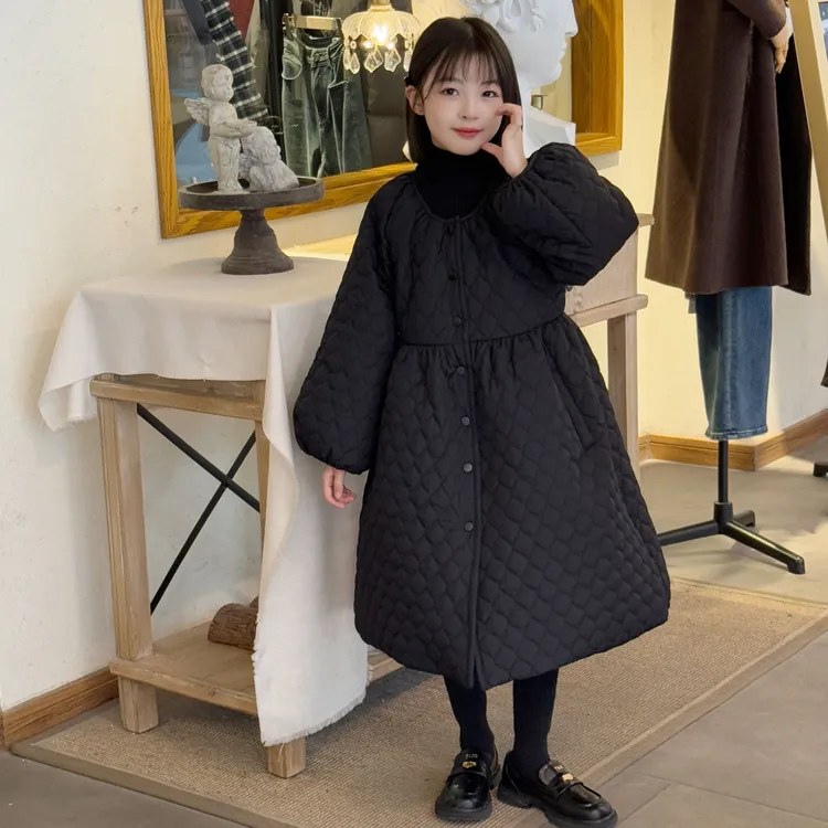 女童冬季长款过膝菱格连衣裙棉衣2025新款中大童加绒加厚长款棉服