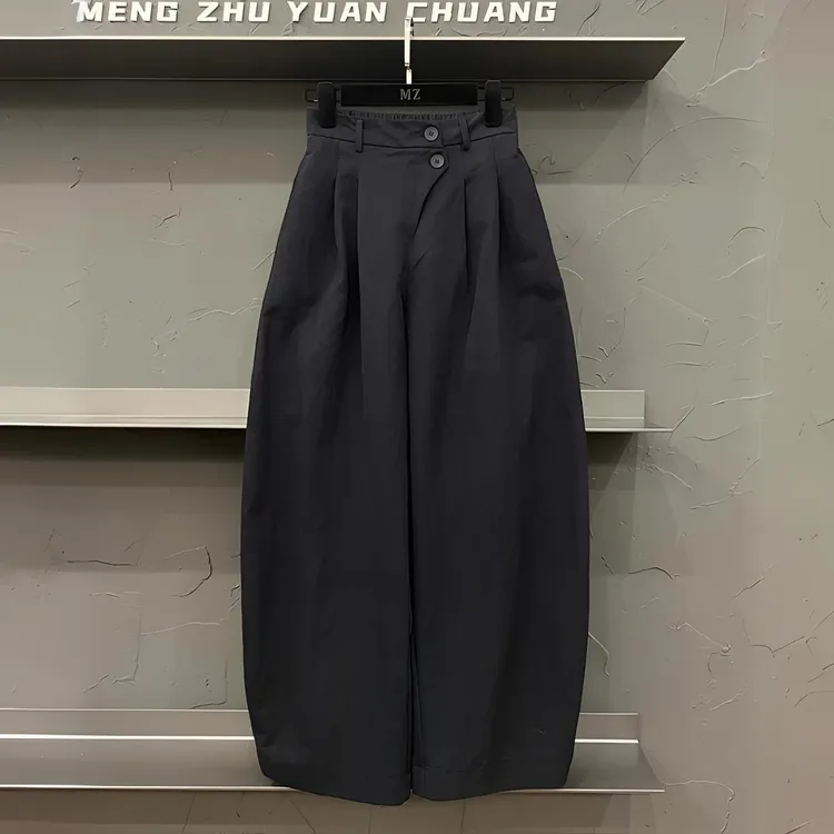 高端欧货2025秋季新款半松紧高腰休闲宽松简约百搭阔腿裤女弯刀裤