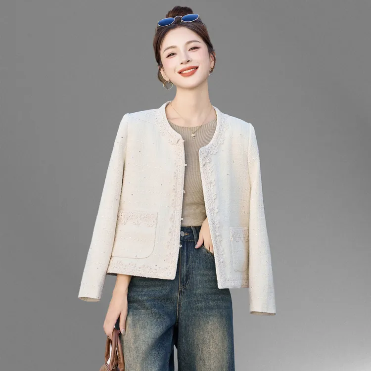 气质名媛小香风短外套女2025新款春秋韩版显瘦小个子盘扣开衫上衣
