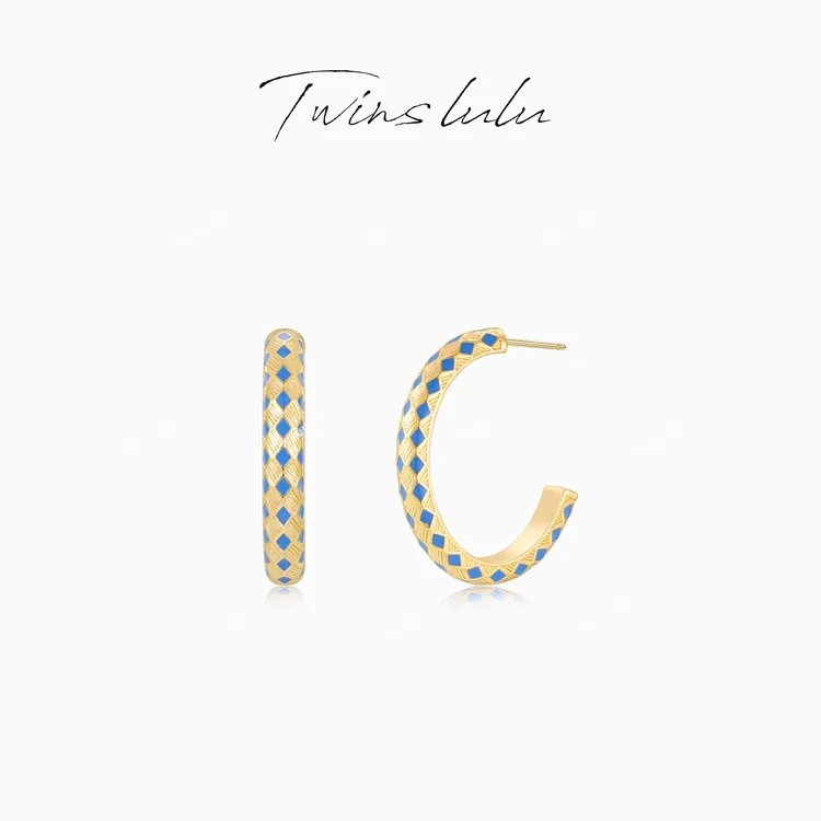 TWINS LULU 镀K金【布蓝】时尚百搭简约C形菱格纹蓝色耳环TSL2741