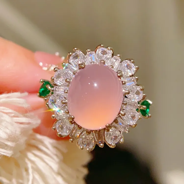 铜合金合成锆石戒指 粉色仙女单面戒指 开口戒指可调节 轻奢时尚