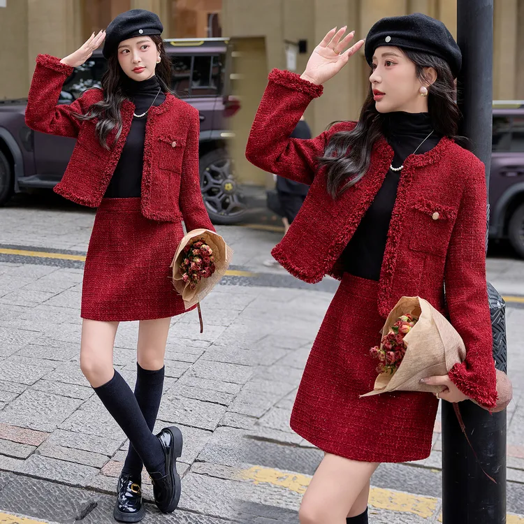 法式小香风外套半身裙套装女2025秋冬新款新娘敬酒服红色订婚礼服