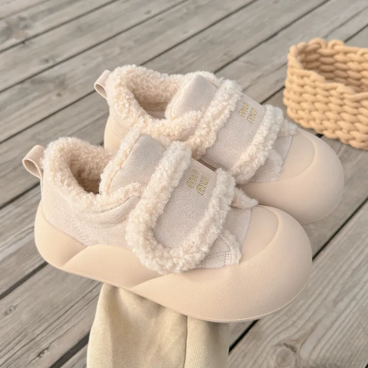 【万达撤柜】面包鞋女2024冬季新款羊羔绒板鞋厚底魔术贴ins潮百