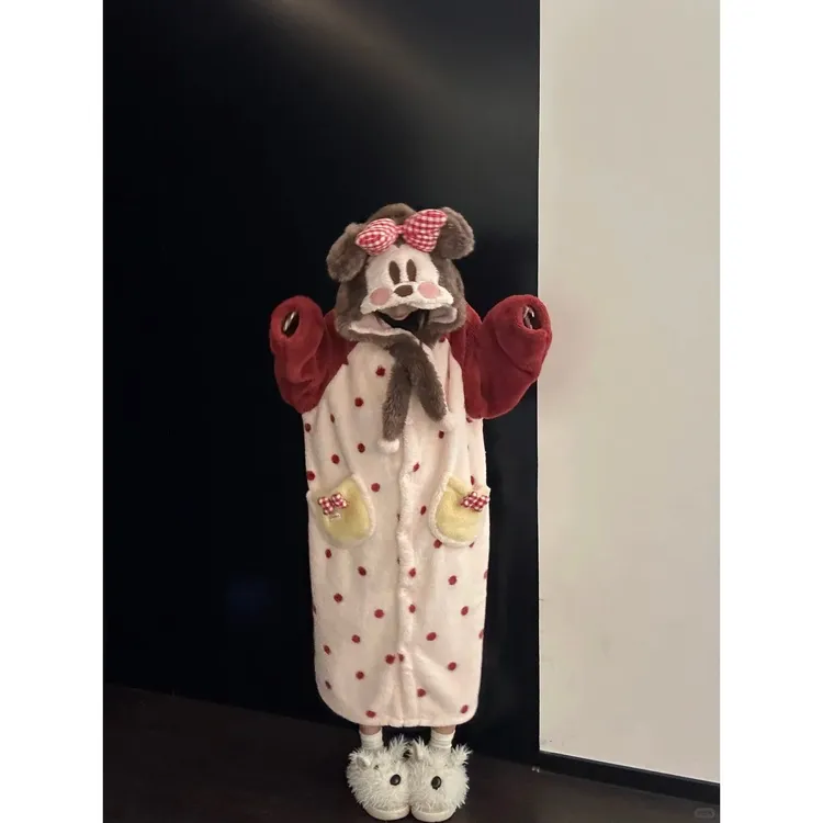 韩系可爱米妮连帽珊瑚绒睡袍女冬季新款加厚保暖睡裙家居服可外穿