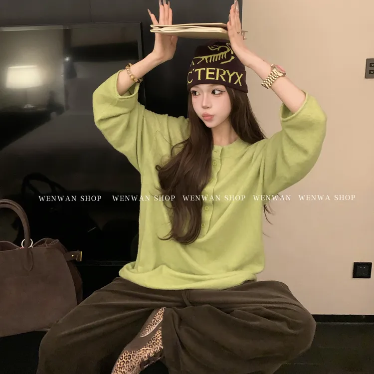 双十一狂欢价！【du家色】显白气质简约排扣慵懒绿色毛衣