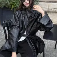 11888/1236 皮衣外套女秋季新款宽松复古中长款夹克高级感机车服