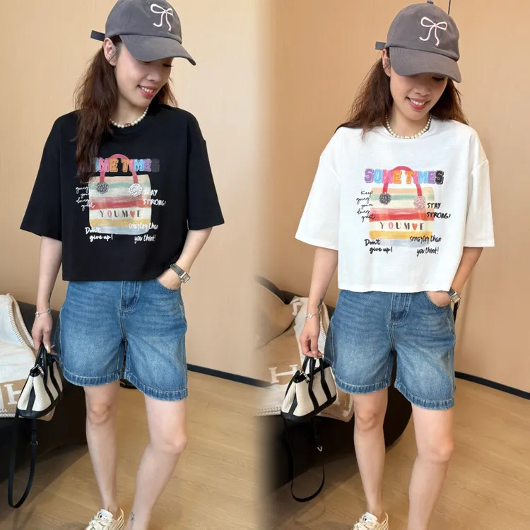 二姐的宝藏七彩包包字母耳机百搭显瘦休闲高级感圆领T恤#25187