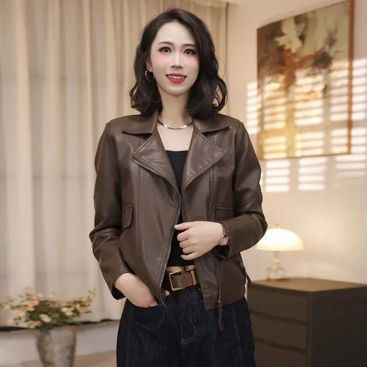 海宁皮衣女春秋短款2025新款宽松显瘦机车时尚小个子皮夹克外套