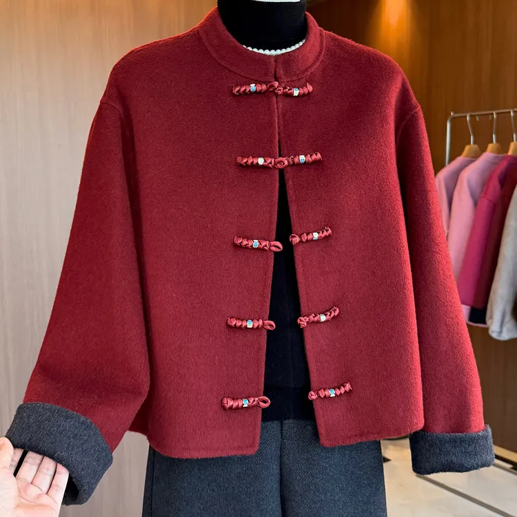 中年妈妈新中式国风高级呢子大衣2025冬季新款毛呢喜婆婆红色外套