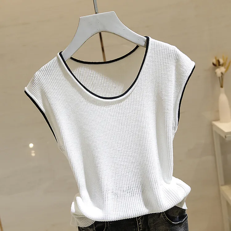  白色撞色针织衫女短袖2025夏季新款韩版宽松显瘦气质无袖T恤上衣