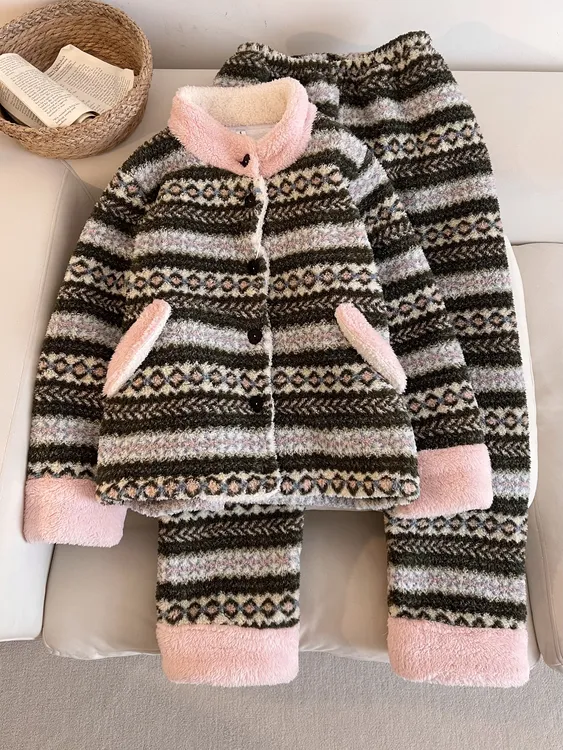 【DMXJ大梦想家】甜美气质费尔岛毛茸茸睡衣女秋冬款保暖家居服套装