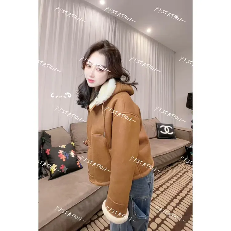 PP 2025 | 灯火阑珊 琥珀流光风黄棕白毛皮毛一体外套59531