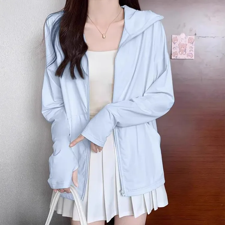 冰丝衣女夏季百搭薄款透气时尚线长袖长款连帽外套宽松休闲潮流