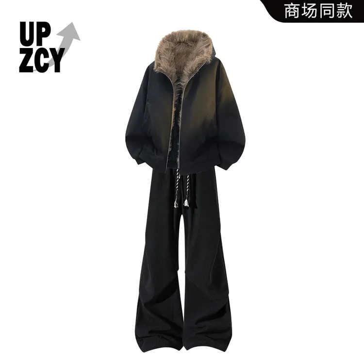 UPZCY潮流复古痞帅棉服套装男冬季百搭直筒阔腿裤两件套轻奢男装