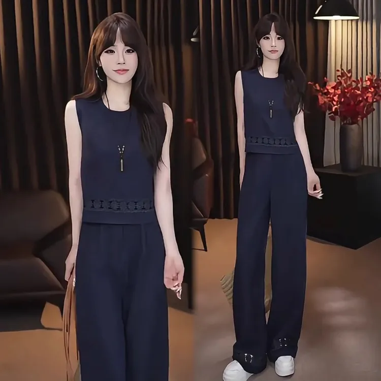 夏季新款时髦洋气时尚套装女2025设计感无袖上衣阔腿裤气质两件套