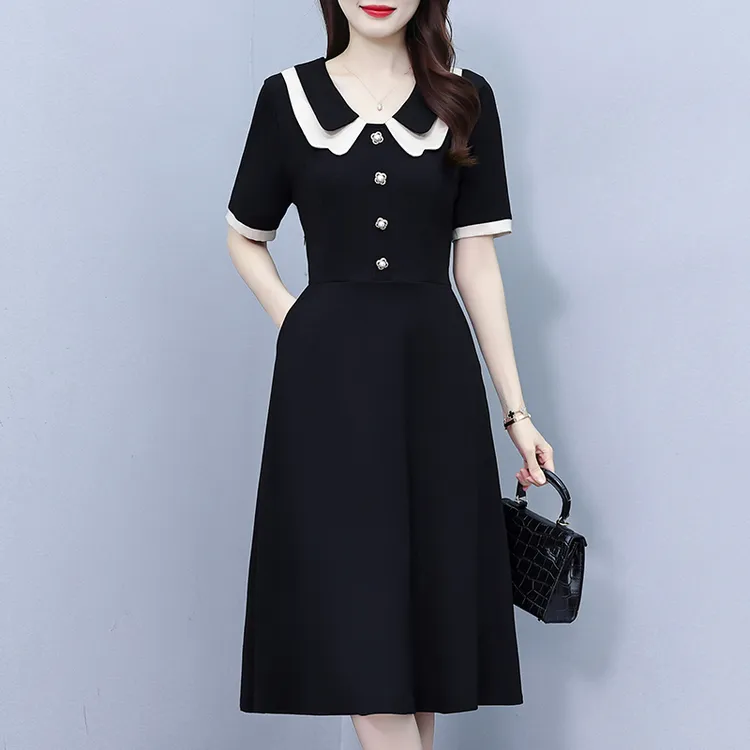 气质简约时尚大码女装胖mm洋气修身中长款短袖夏季新款连衣裙黑色