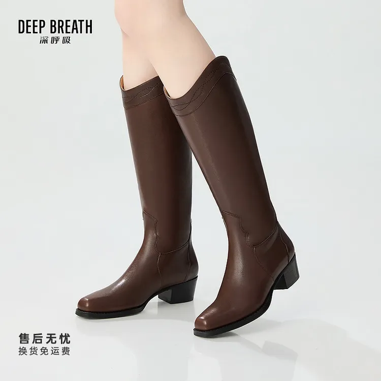 DEEP BREATH深呼吸女鞋新款牛皮粗跟西部马靴复古长靴AX15234
