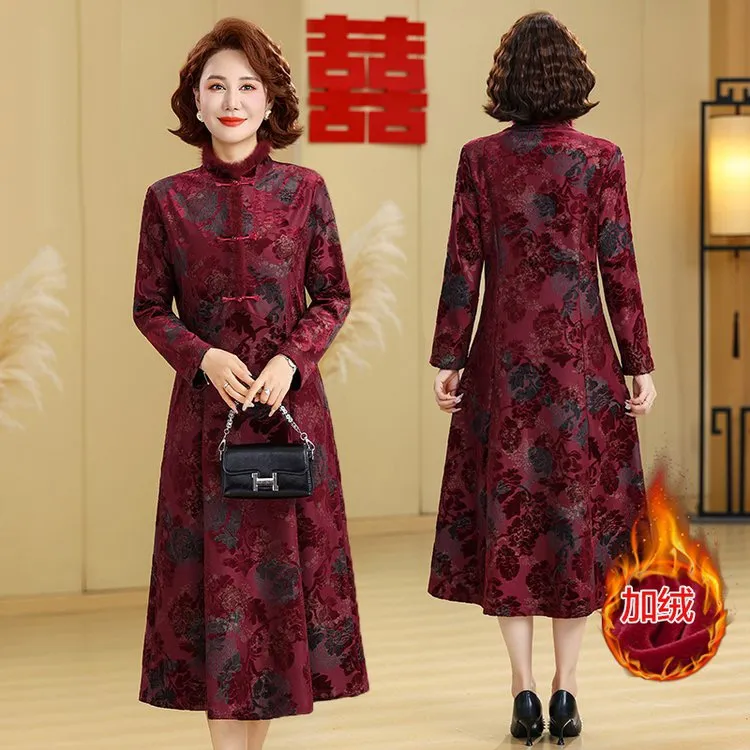 【衣雅严选】8092-2514#加绒加厚名媛风植绒提花保暖旗袍连衣裙