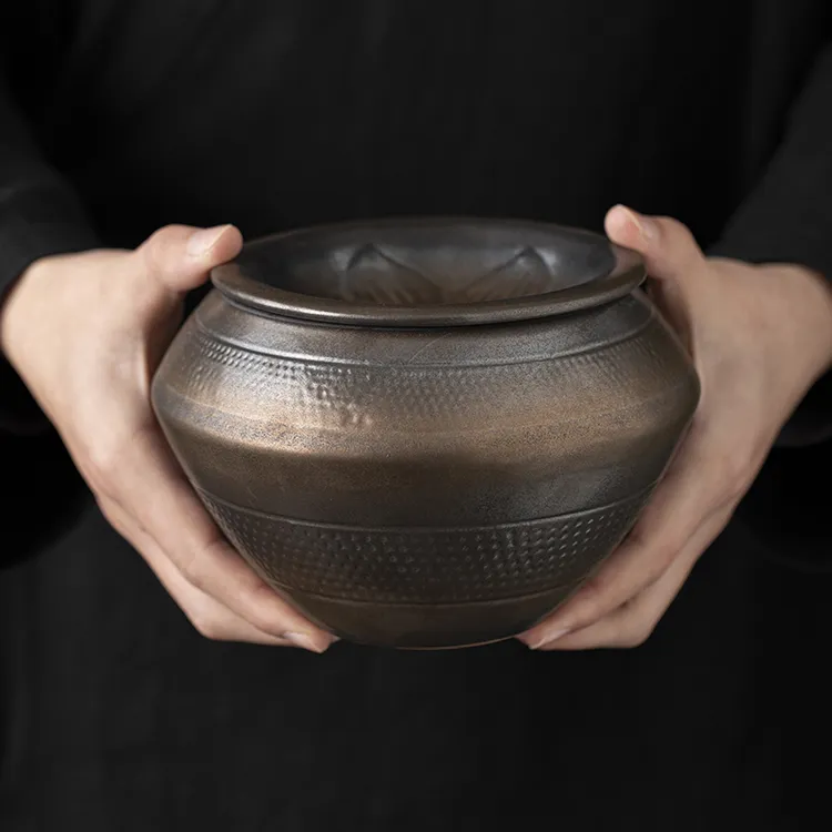 仿柴烧水盂建水茶洗桌面茶渣缸废水垃圾桶大号带盖过滤干湿分离