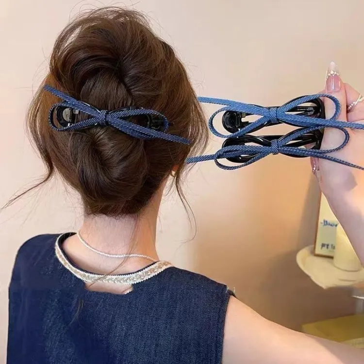 复古牛仔蝴蝶结扭扭夹女高级感2025新款一字抓夹后脑勺盘发夹发饰