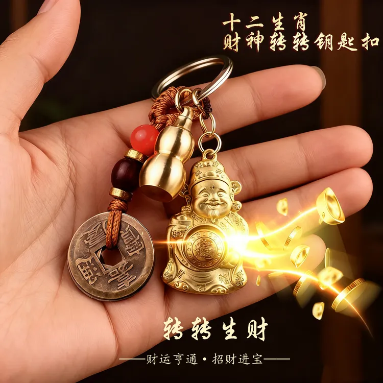日进斗鑫生肖财神爷转转钥匙扣驾车用品