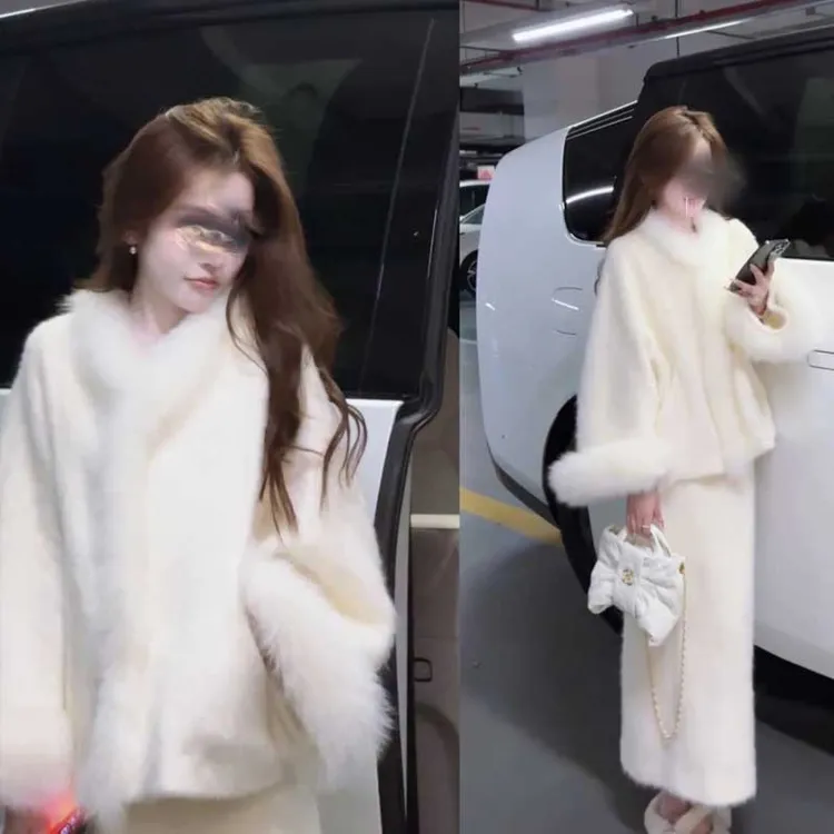 葶葶摄人心魄慵懒贵气重工狐狸毛拉绒大衣套装冬新中式