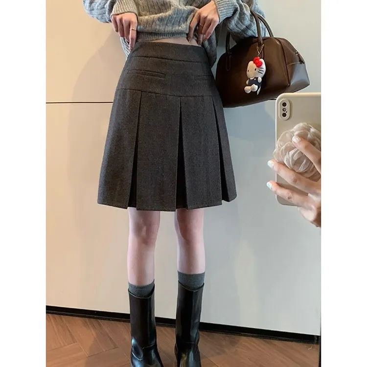 耶古学院风烟灰色工字压褶半身裙女秋冬季高腰小个子毛呢百褶短裙