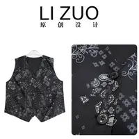 大码胖mm新中式14姆米斜纹绸印花时尚百搭V领印花马甲开衫9725