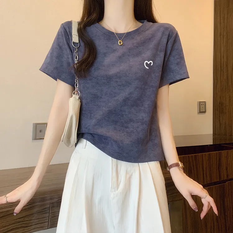 美式辣妹扎染正肩短袖t恤女夏季设计感小众甜辣风小个子短款上衣