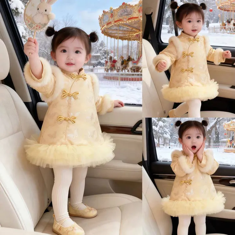 女童国风旗袍裙夹棉秋冬装女宝宝周岁礼服裙生日公主裙洋气拜年裙