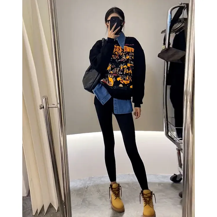 黑色拼接假两件卫衣百搭老钱风女装字母印花设计秋冬时尚中长款潮