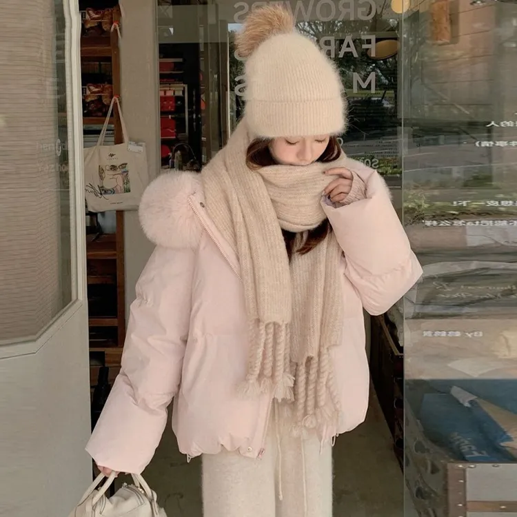 粉色甜妹棉服女2025年新款大毛领韩系宽松百搭加厚棉衣冬季外套潮