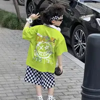 儿童荧光绿纯棉短袖t恤男女童夏季新款中小童潮酷痞帅上衣服帅气
