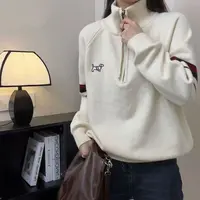 【欧美简约风】纯色刺绣腊肠狗撞色袖加厚半拉链毛衣 苋 19380(368)