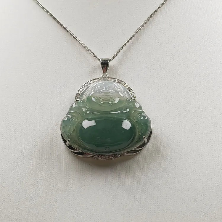 缅甸正品纯天然翡翠飘花半山水佛公吊坠女士礼物银镶嵌弥勒佛挂件