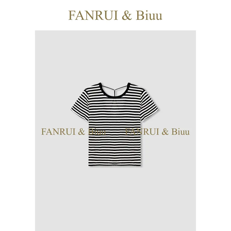 FANRUI/泛芮「苏打」新款后背交叉镂空设计感条纹短袖上衣女B16658